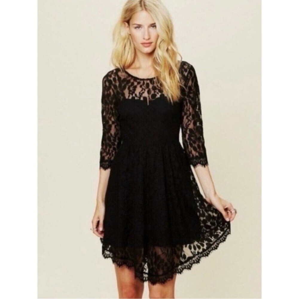 Free People Black Lace 3/4 Sleeve Dress